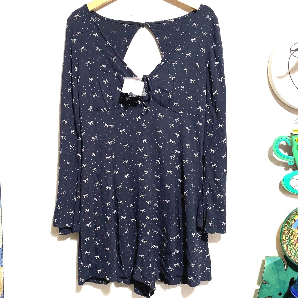 New American Eagle Outfitters women romper L black Bow Dot‎ Long Sleeve